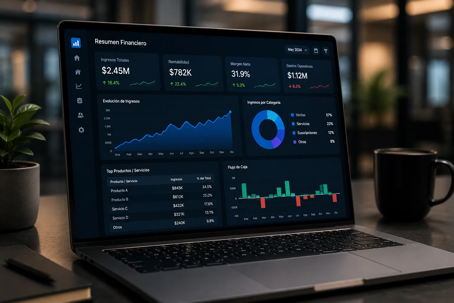 Dashboard financiero ejecutivo con indicadores de ingresos, gastos y rentabilidad para reporting empresarial